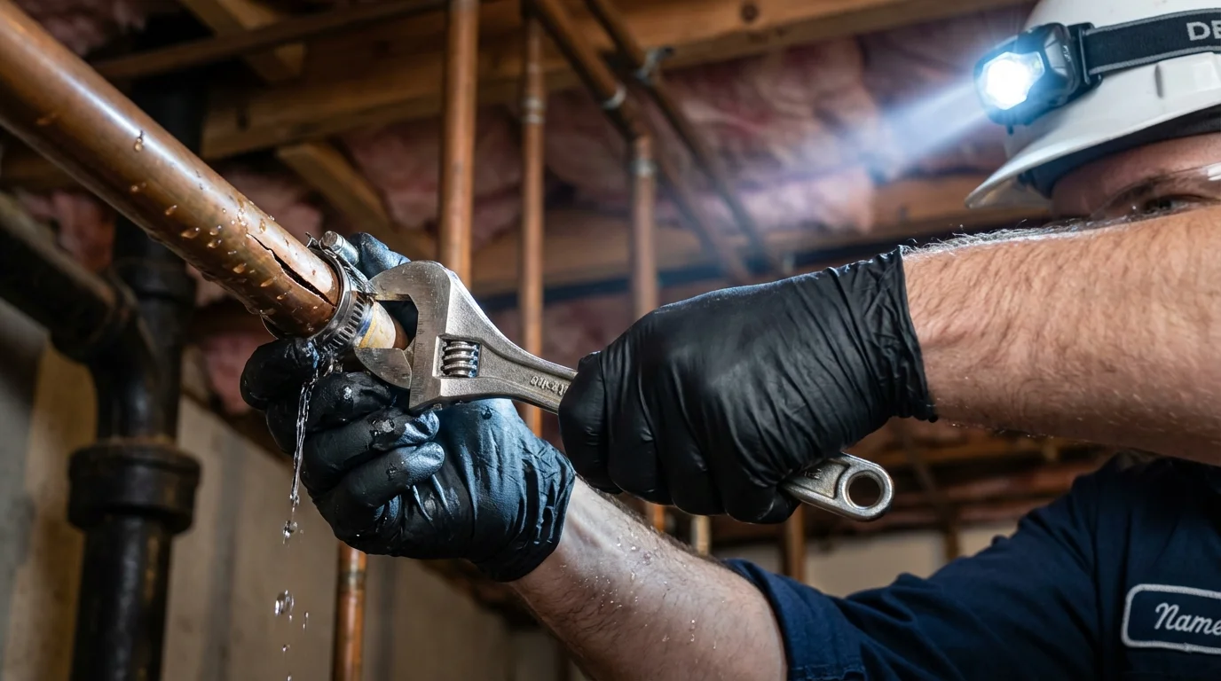 Emergency pipe clamp repair being performed by a Johns Plumbing LLC plumber in Prairie du Chien