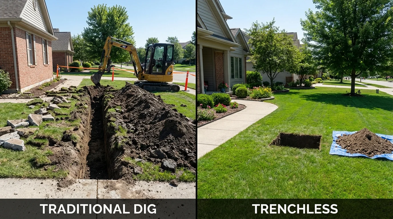 Trenchless sewer repair with minimal yard damage versus traditional excavation in Prairie du Chien, WI