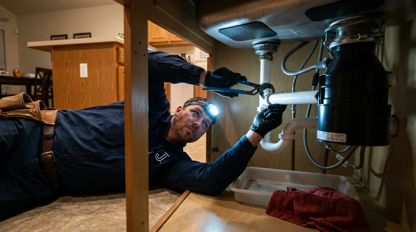 P-trap and supply line connections under a kitchen sink showing a common leak point in Prairie du Chien, WI